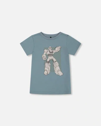 Deux Par Deux Kids'  Little Boy's Organic Cotton Graphic Tee Grayish Teal And Robot