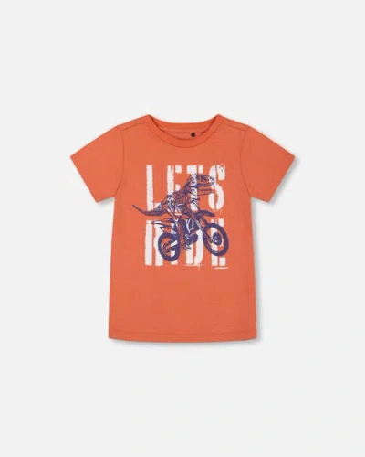 Deux Par Deux Babies'  Little Boy's Organic Cotton Graphic Tee Orange And Navy Dino