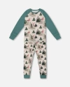 Deux Par Deux Little Boy's Organic Cotton Two Piece Pajama Set Gray Mix And Green Printed Reindeer In Printed Christmas Deer