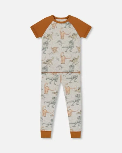 Deux Par Deux Babies'  Little Boy's Organic Cotton Two-piece Short Sleeve Top And Pant Pajama Set Dinosaur On In Dinosaur On Mottled And Tan
