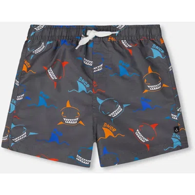 Deux Par Deux Babies'  Little Boy's Printed Boardshorts Orange, Red, And Blue Sharks On Gray In Orange Red And Blue Sharks
