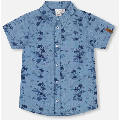 DEUX PAR DEUX DEUX PAR DEUX LITTLE BOY'S PRINTED CHAMBRAY SHORT SLEEVE SHIRT PALE BLUE AND NAVY