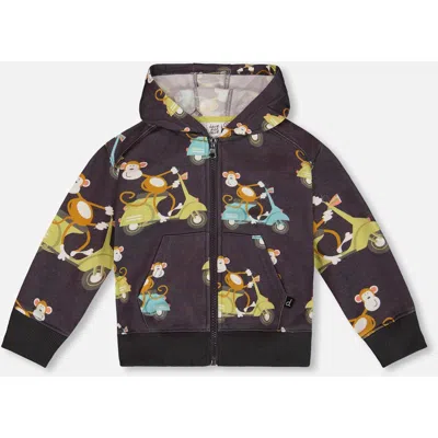 Deux Par Deux Kids'  Little Boy's Printed French Terry Hooded Full Zip Cardigan Sweatshirt Monkey On Navy M In Monkey On Navy Moped