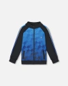 Deux Par Deux Little Boy's Printed Full Zip Athletic Cardigan Blue And Black In Blue And Black