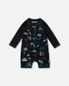 Deux Par Deux Little Boy's Printed Long Sleeve Rashguard Light Blue Beach On Black In Light Blue Beach On Black