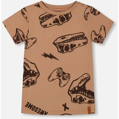 Deux Par Deux Kids'  Little Boy's Printed Organic Cotton Tee Beige And Black Dinos