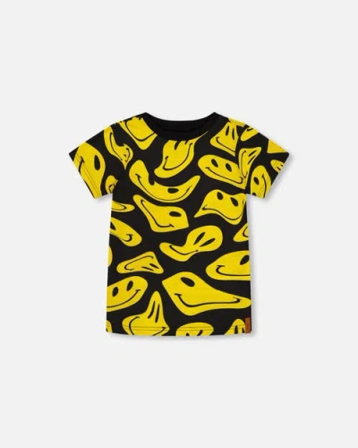 Deux Par Deux Babies'  Little Boy's Printed Organic Cotton Tee Black And Yellow Smile