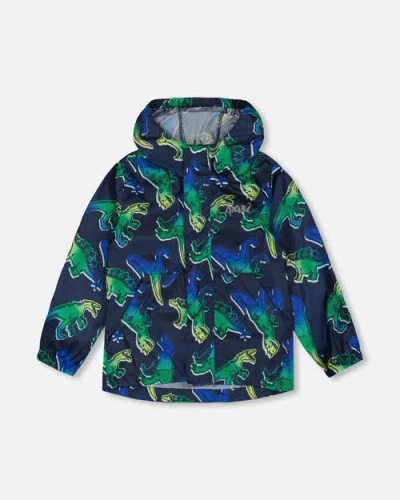 DEUX PAR DEUX DEUX PAR DEUX LITTLE BOY'S PRINTED PACKABLE WINDBREAKER BLUE AND GREEN DINO ON NAVY