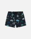 Deux Par Deux Little Boy's Printed Swim Trunks Light Blue Beach On Black In Light Blue Beach On Black