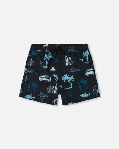 Deux Par Deux Babies'  Little Boy's Printed Swim Trunks Light Blue Beach On Black