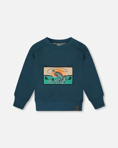 Deux Par Deux Kids'  Little Boy's Pullover French Terry Graphic Sweatshirt Teal And Peach