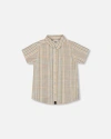 Deux Par Deux Little Boy's Short Sleeve Button Down Shirt Beige And Sage Plaid In Beige And Sage Plaid