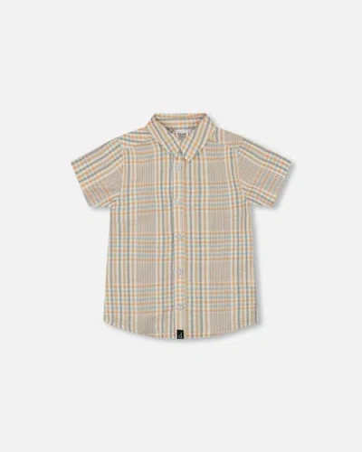 Deux Par Deux Babies'  Little Boy's Short Sleeve Button Down Shirt Beige And Sage Plaid