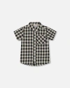 Deux Par Deux Little Boy's Short Sleeve Button Down Shirt Black And Beige Plaid In Black And Beige Plaid