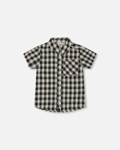Deux Par Deux Kids'  Little Boy's Short Sleeve Button Down Shirt Black And Beige Plaid