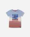 Deux Par Deux Little Boy's Short Sleeve Organic Cotton Graphic Tee Gradient Pale Blue And Dark Old R In Gradient Pale Blue, Dark Rose