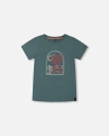 Deux Par Deux Little Boy's Short Sleeve Organic Cotton Graphic Tee Teal And Dark Old Rose In Teal And Dark Old Rose