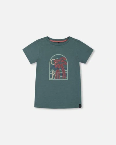 Deux Par Deux Kids'  Little Boy's Short Sleeve Organic Cotton Graphic Tee Teal And Dark Old Rose