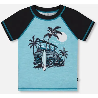 Deux Par Deux Kids'  Little Boy's Short Sleeve Rashguard Light Blue And Black