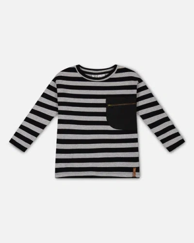 Deux Par Deux Babies'  Little Boy's Striped Rib T-shirt Black In Anthracite