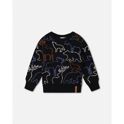 Deux Par Deux Babies'  Little Boy's Jumper With Intarsia Animal Forest Black In Anthracite