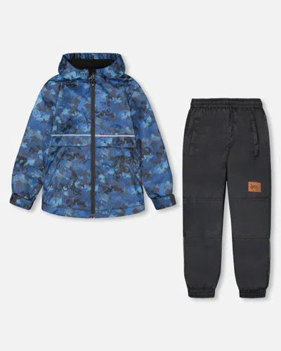 Deux Par Deux Kids' Little Boy's Two Piece Hooded Coat And Pant Mid-season Set Blue Printed Bike And Black