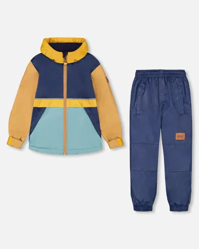 Deux Par Deux Kids' Little Boy's Two Piece Hooded Coat And Pant Mid-season Set Colorblock Navy, Blue And Yellow In Multi