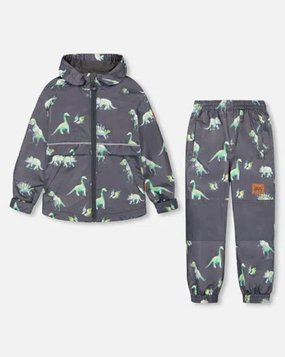 Deux Par Deux Kids' Little Boy's Two Piece Hooded Coat And Pant Mid-season Set Grey Printed Dinosaurs In Gray
