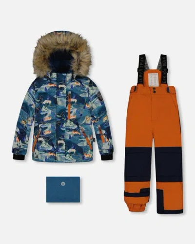 Deux Par Deux Kids'  Little Boy's Two Piece Snowsuit Burnt Orange With Printed Animals And Glaciers