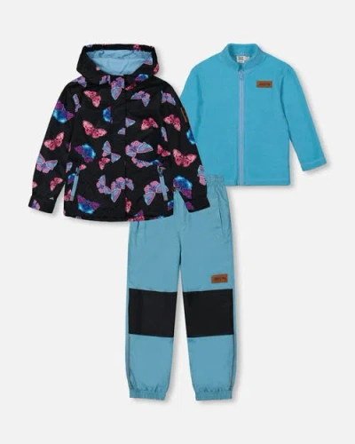 Deux Par Deux Babies'  Little Girl's 3-in-1 Mid-season Outerwear Set With Printed Jacket Light Blue And Multi In Light Blue And Multicolored