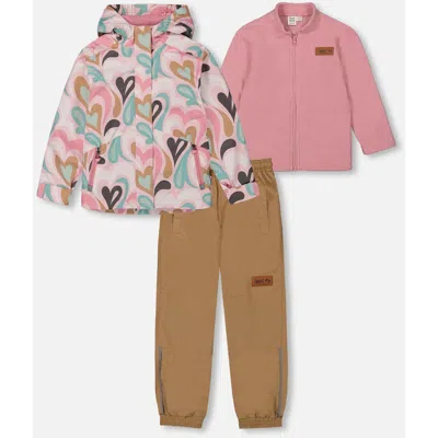 Deux Par Deux Babies'  Little Girl's 3-in-1 Mid-season Outerwear Set With Printed Jacket Light Pink And Beige In Multi