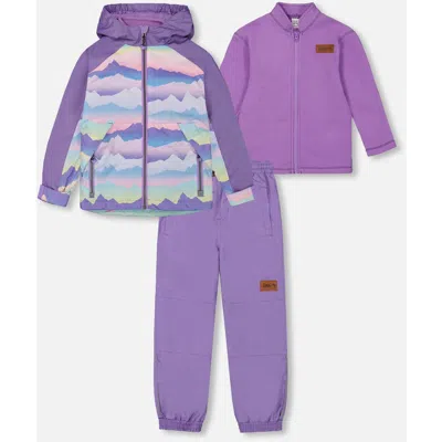 Deux Par Deux Kids'  Little Girl's 3-in-1 Mid-season Outerwear Set With Printed Jacket Mauve And Blue, Pink In Purple