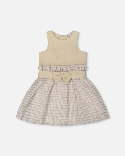 DEUX PAR DEUX DEUX PAR DEUX LITTLE GIRL'S BI-MATERIAL BELTED DRESS BEIGES