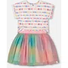Deux Par Deux Little Girl's Bi-material Dress With Mesh Skirt Multicolored Tie Dye And White In Multicolored Tie Dye And White