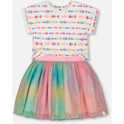Deux Par Deux Kids'  Little Girl's Bi-material Dress With Mesh Skirt Multicolored Tie Dye And White