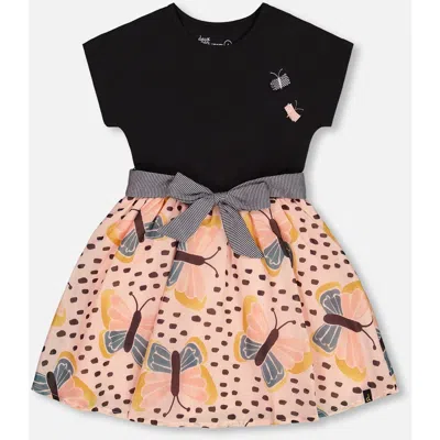 Deux Par Deux Babies'  Little Girl's Bi-material Dress With Printed Skirt Black, Pink, And Butterflies