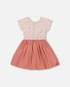 Deux Par Deux Little Girl's Bi-material Dress With Printed Top Small Flowers And Pink In Small Flowers And Pink