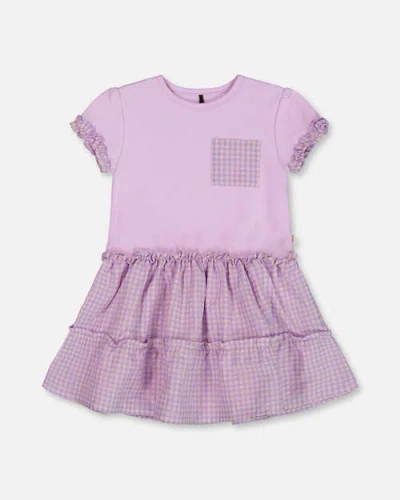 Deux Par Deux Babies'  Little Girl's Bi-material Dress With Ruffle Gingham Skirt Lilac And White