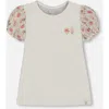 Deux Par Deux Little Girl's Bi-material Organic Cotton Top With Puff Sleeve Pink Flowers On Cream Ba In White
