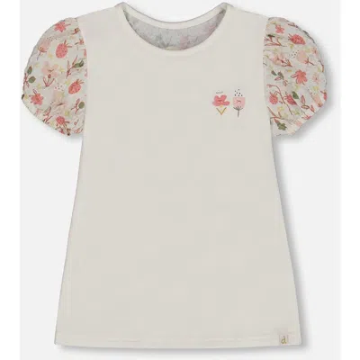 Deux Par Deux Babies'  Little Girl's Bi-material Organic Cotton Top With Puff Sleeve Pink Flowers On Cream Ba In White