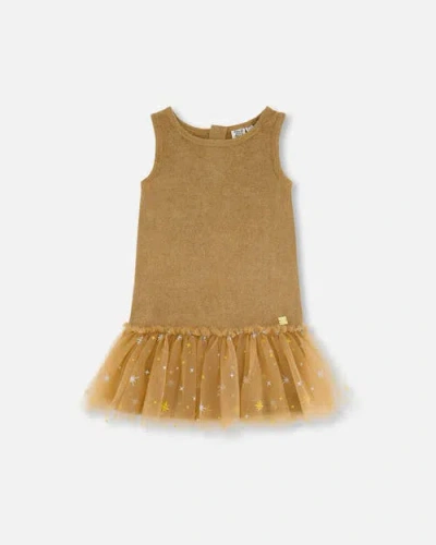 Deux Par Deux Kids'  Little Girl's Bi-material Sleeveless Dress With Frill Golden Brown In Taffy