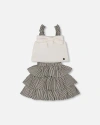 Deux Par Deux Little Girl's Bow Top And Ruffled Skirt Set White And Black Striped In White And Black Striped