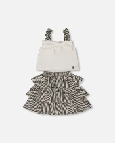 Deux Par Deux Babies'  Little Girl's Bow Top And Ruffled Skirt Set White And Black Striped