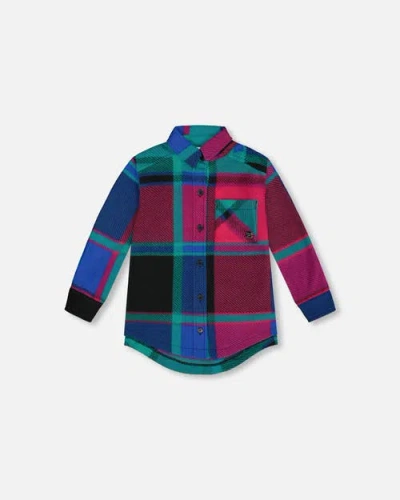 Deux Par Deux Babies'  Little Girl's Button Down Polar Fleece Tunic Shirt Plaid Turquoise And Pink In Plaid Teal & Lilac