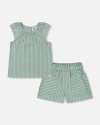 Deux Par Deux Little Girl's Chambray Blouse And Short Set Mint Green Striped In Mint Green Striped