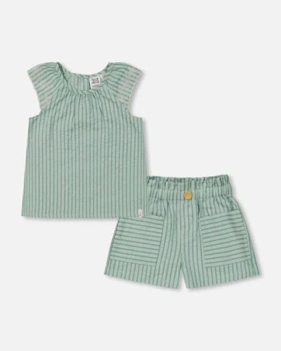 Deux Par Deux Babies'  Little Girl's Chambray Blouse And Short Set Mint Green Striped