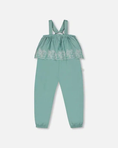 Deux Par Deux Babies'  Little Girl's Chambray Jumpsuit With Embroidery Light Blue