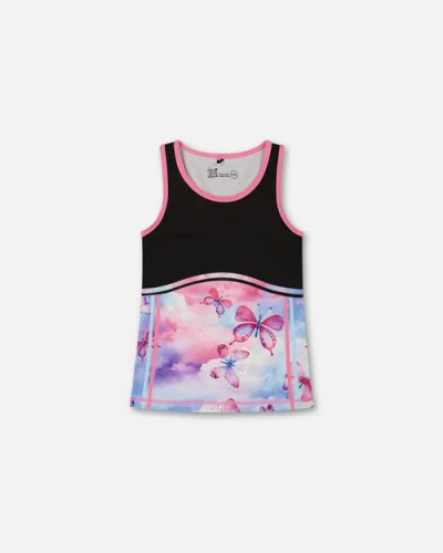 Deux Par Deux Kids'  Little Girl's Colorblock Athletic Tank Top Black With Butterflies Printed
