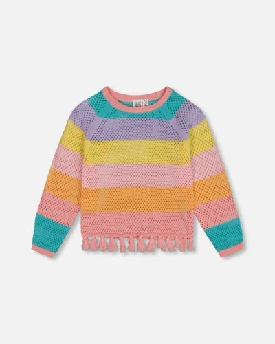 Deux Par Deux Babies'  Little Girl's Cotton Sweater With Fringe Multicolor Stripes In Multicolored Stripes