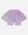 Deux Par Deux Little Girl's Crinkle Biker Short With Flower Mesh Skirt Lilac With White Flowers In Lilac With White Flowers